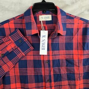 M. SINGER Mens Large Flannel Shirt Red Blue Plaid Long Sleeve Button Up Ranger